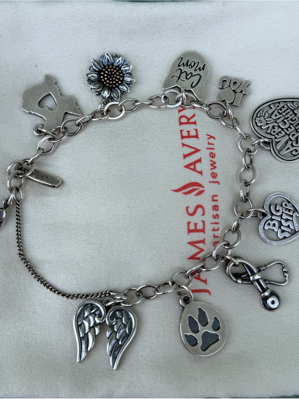 James Avery Silver Charm Bracelet with Heart, Sunflower, Wing and Paw Charms - Picture 3 of 5
